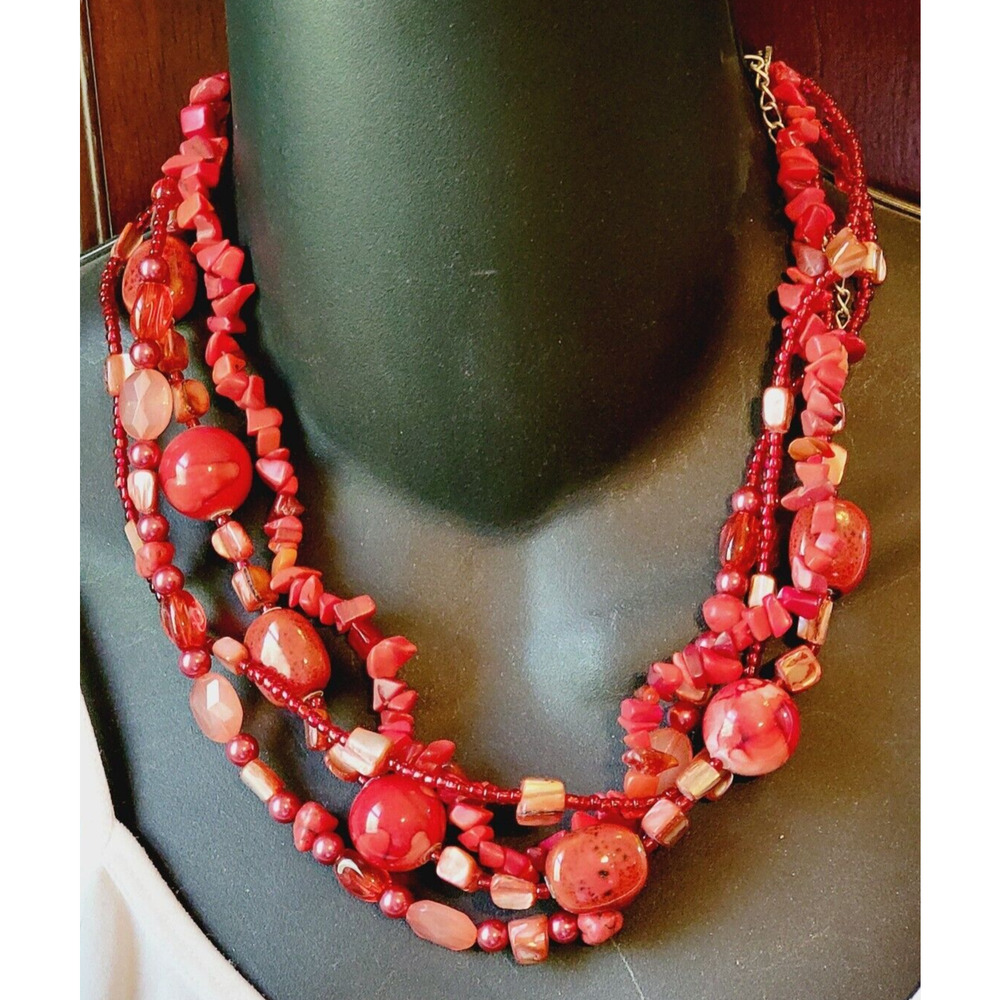 Juicy‎ Red Stone & Glass Necklace 4 Strands Tribal Jewelry Statement rd01-24